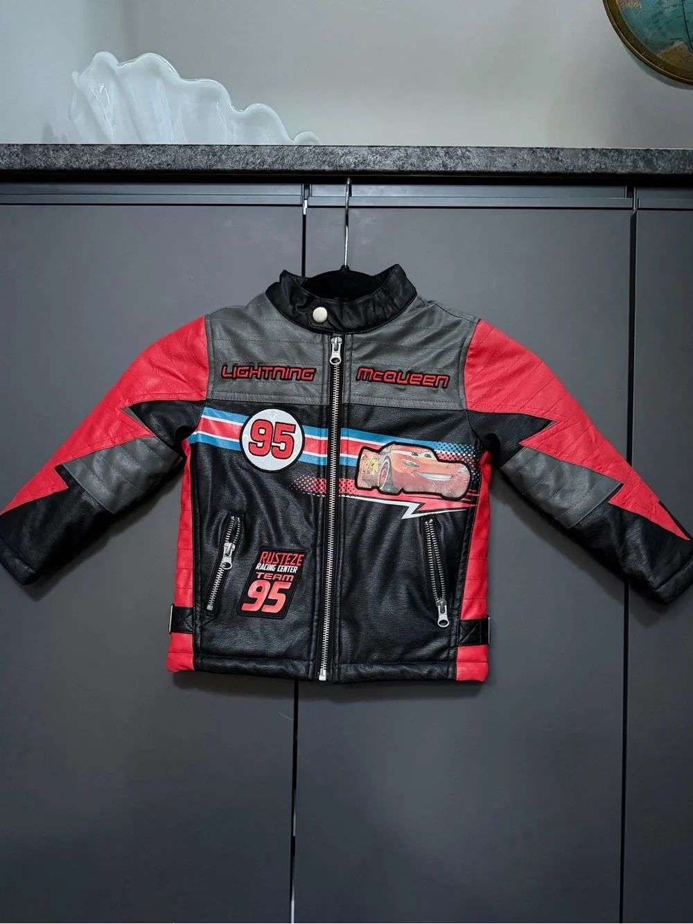 Official Disney/Pixar Lightning McQueen Kid’s Faux Leather Jacket, Size 3T Red